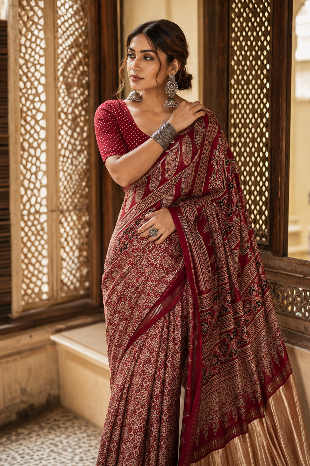 Aruna — Ajrakh-Inspired Modal Saree, Gold-Toned Pallu | Awadhalaya