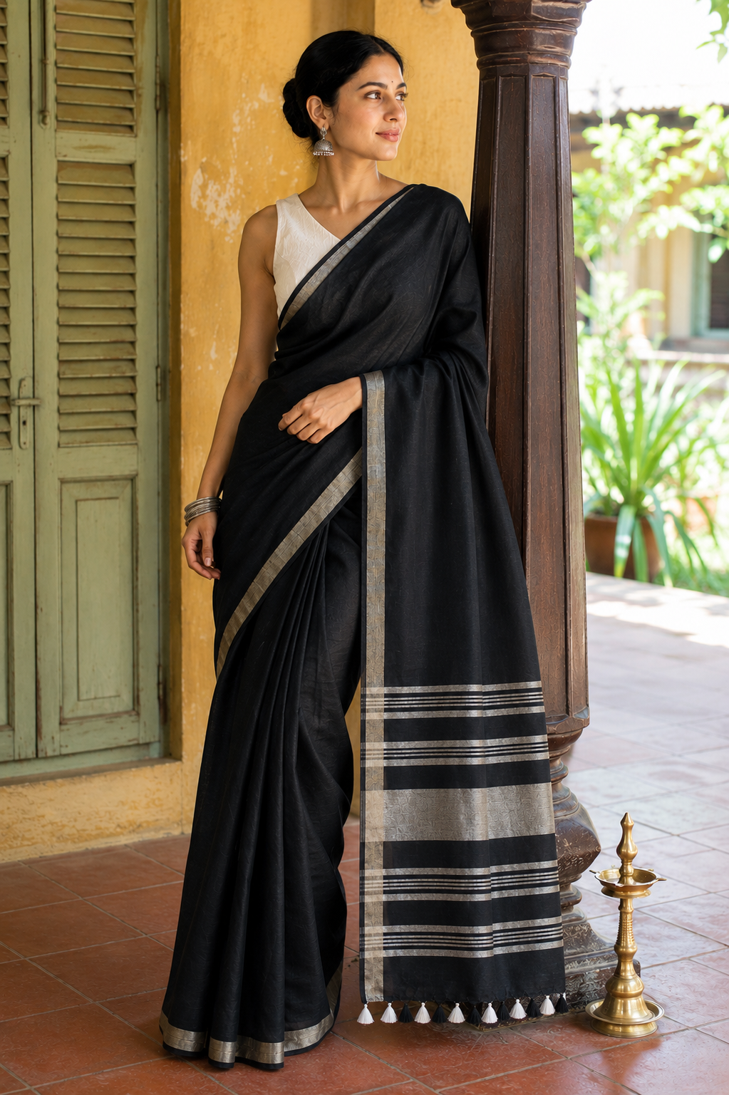 Niharika — Black Linen Saree with Silver-Toned Border | Awadhalaya