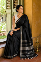 Niharika — Black Linen Saree with Silver-Toned Border | Awadhalaya