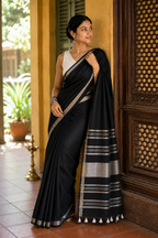 Niharika — Black Linen Saree with Silver-Toned Border | Awadhalaya