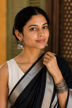 Niharika — Black Linen Saree with Silver-Toned Border | Awadhalaya