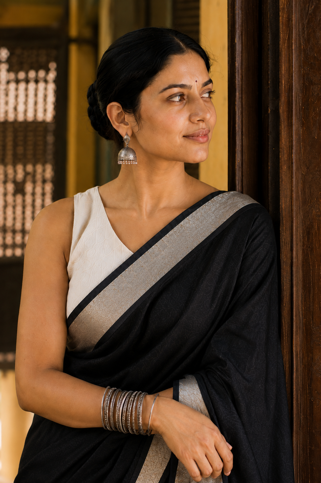 Niharika — Black Linen Saree with Silver-Toned Border | Awadhalaya