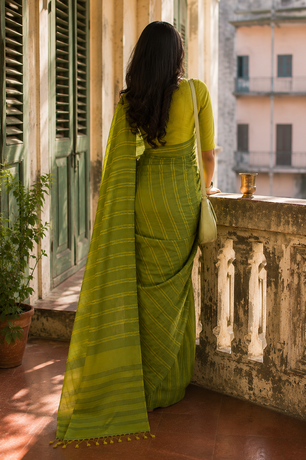 Olive Green Dhonekali Cotton Tant Saree | Pure Cotton | Awadhalaya