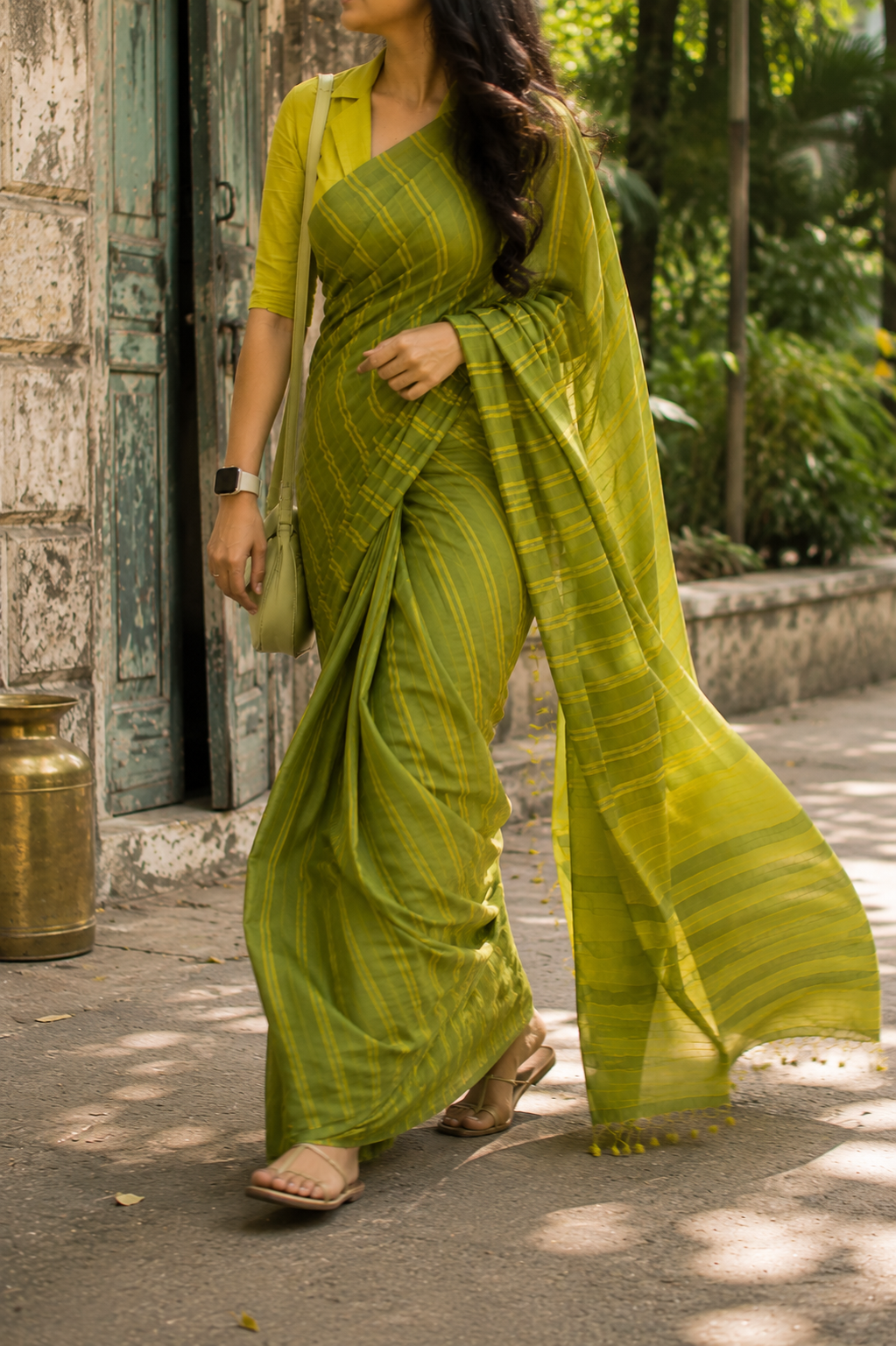 Olive Green Dhonekali Cotton Tant Saree | Pure Cotton | Awadhalaya