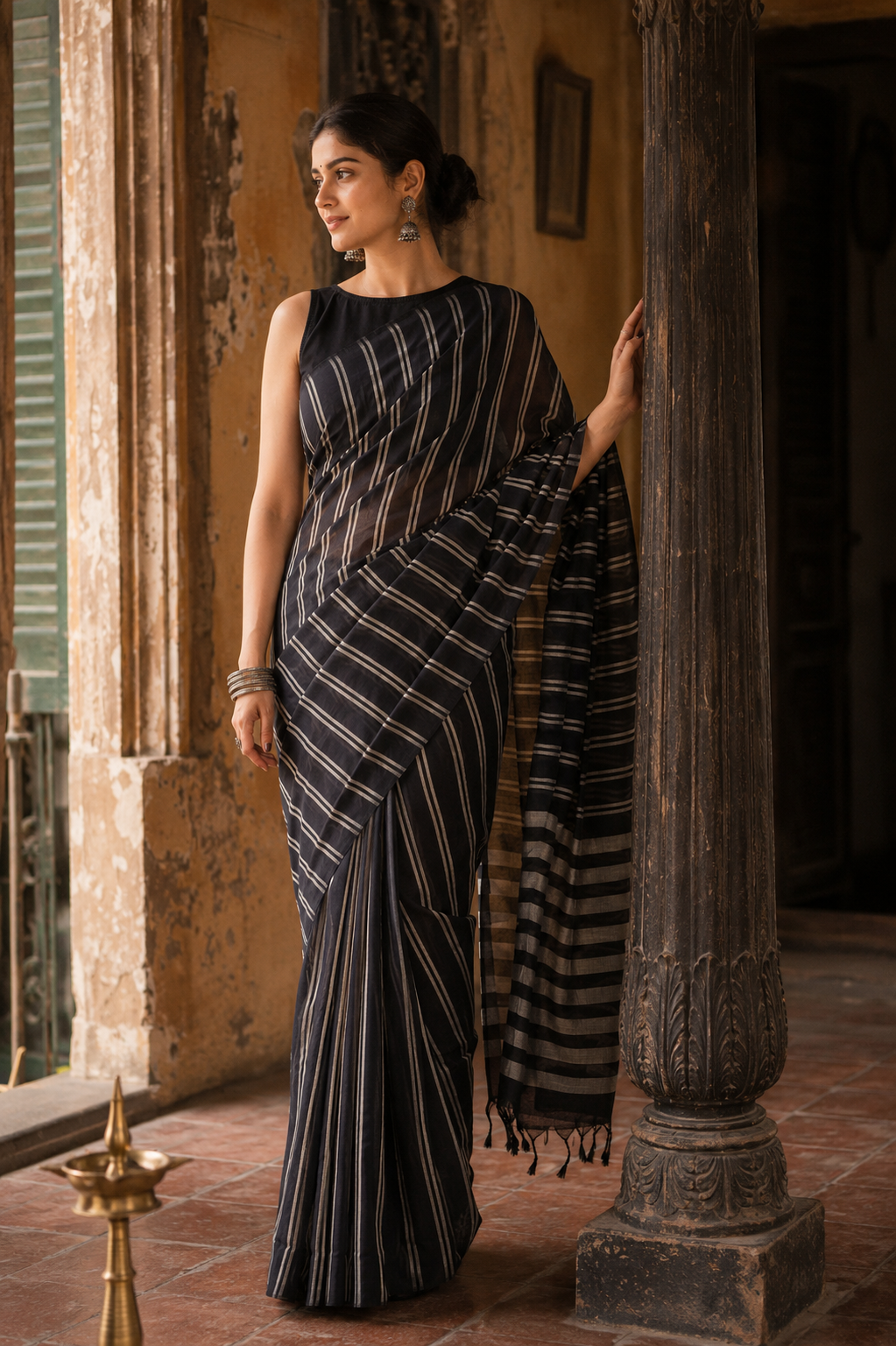 Kaveri — Black Mangalagiri Cotton Saree | Woven Stripe | Awadhalaya