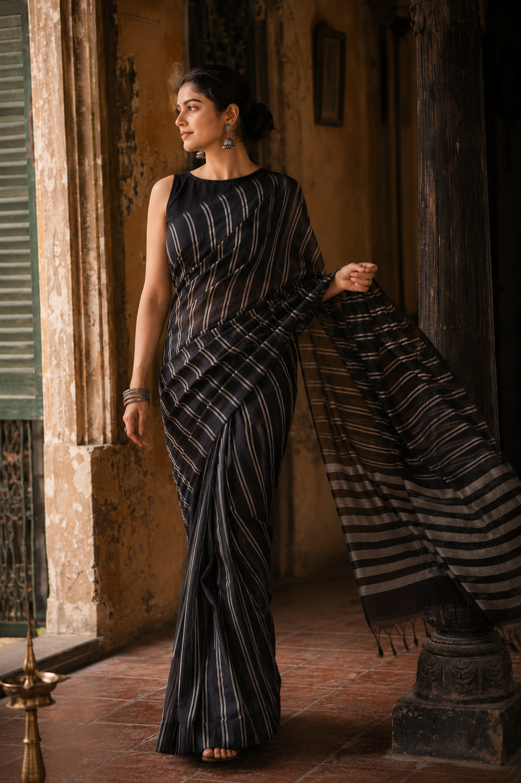 Kaveri — Black Mangalagiri Cotton Saree | Woven Stripe | Awadhalaya