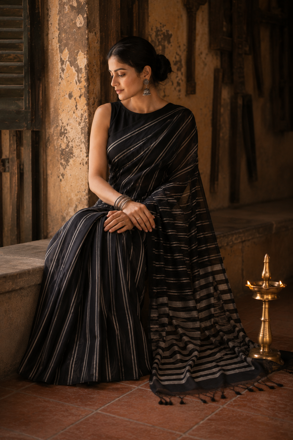 Kaveri — Black Mangalagiri Cotton Saree | Woven Stripe | Awadhalaya