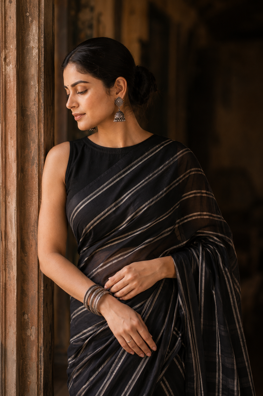 Kaveri — Black Mangalagiri Cotton Saree | Woven Stripe | Awadhalaya