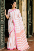 Shefali — White Dhonekali Tant | Coral Stripe | Awadhalaya
