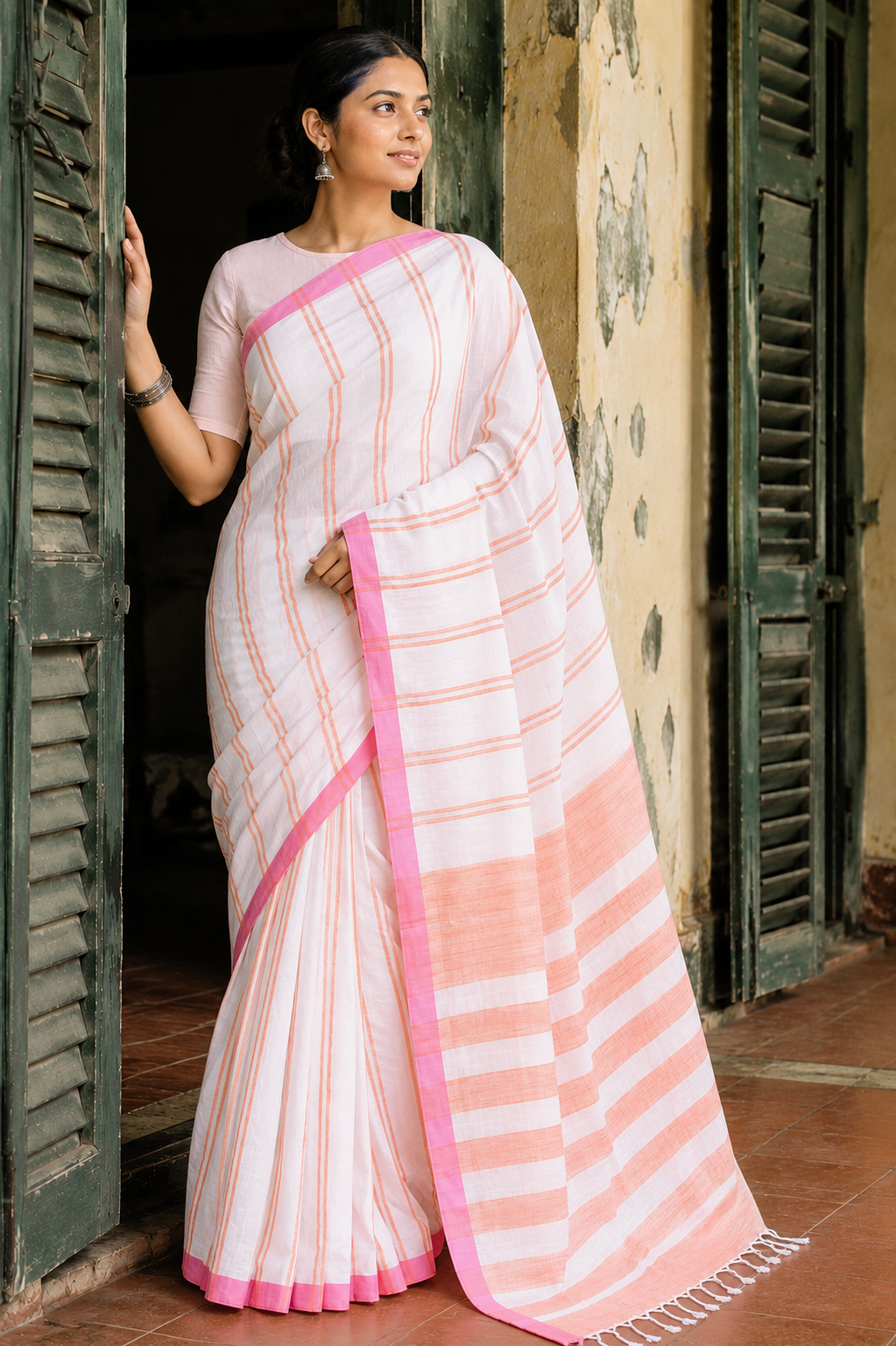 Shefali — White Dhonekali Tant | Coral Stripe | Awadhalaya