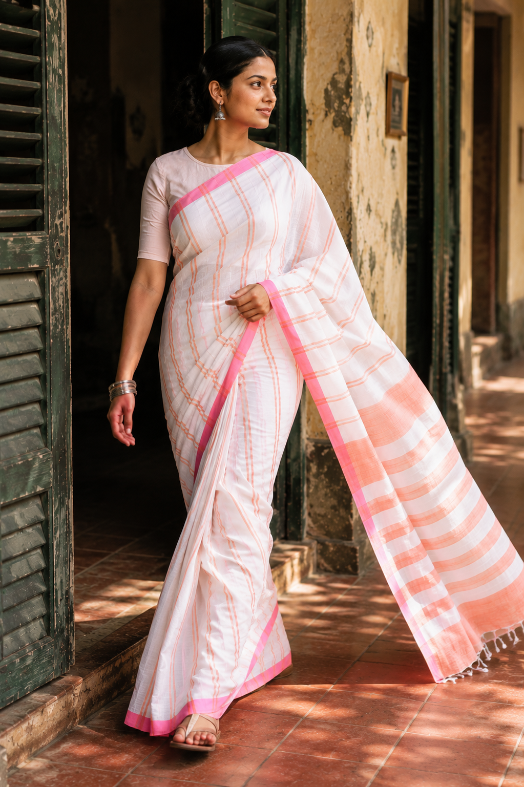 Shefali — White Dhonekali Tant | Coral Stripe | Awadhalaya