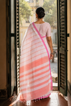 Shefali — White Dhonekali Tant | Coral Stripe | Awadhalaya