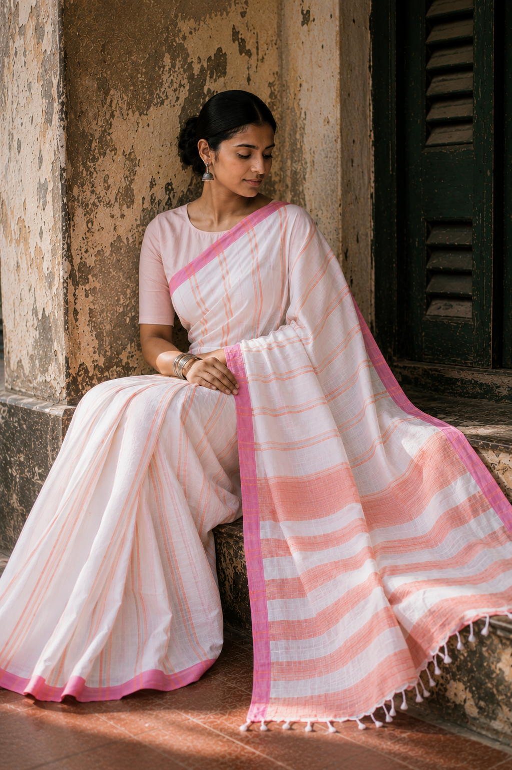 Shefali — White Dhonekali Tant | Coral Stripe | Awadhalaya