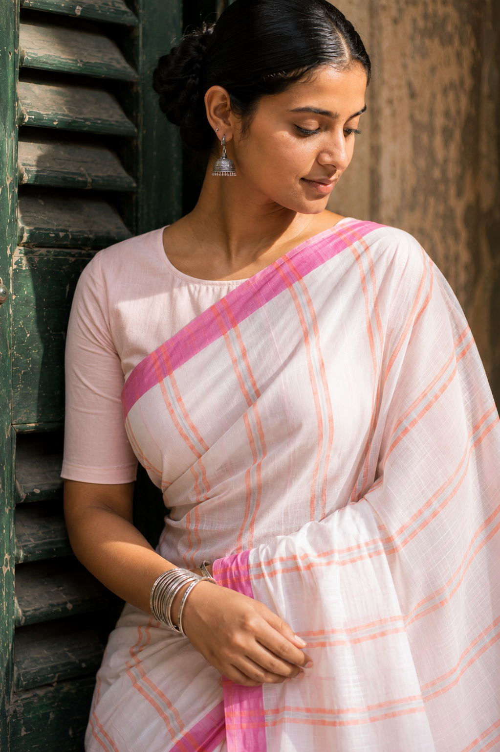 Shefali — White Dhonekali Tant | Coral Stripe | Awadhalaya