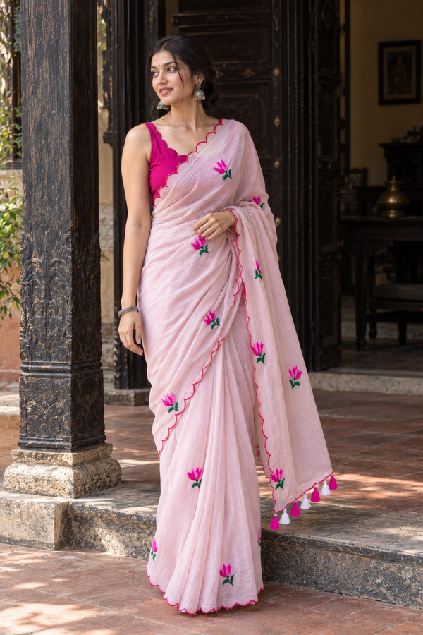 Aabha — Blush Pink Mul Cotton Saree with Pink Lotus Embroidery