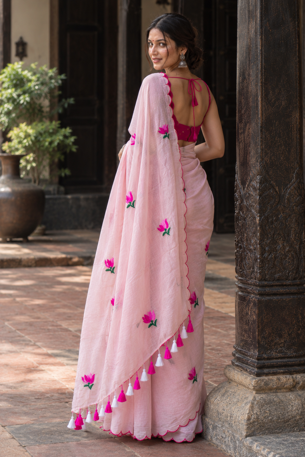 Aabha — Blush Pink Mul Cotton Saree with Pink Lotus Embroidery