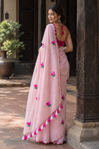 Aabha — Blush Pink Mul Cotton Saree with Pink Lotus Embroidery