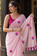 Aabha — Blush Pink Mul Cotton Saree with Pink Lotus Embroidery