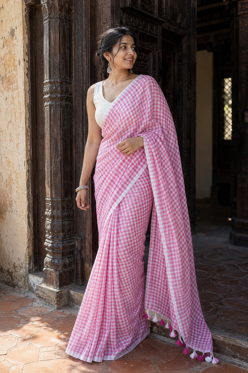 Mishri — Pink Gingham Check Mulmul Cotton Saree