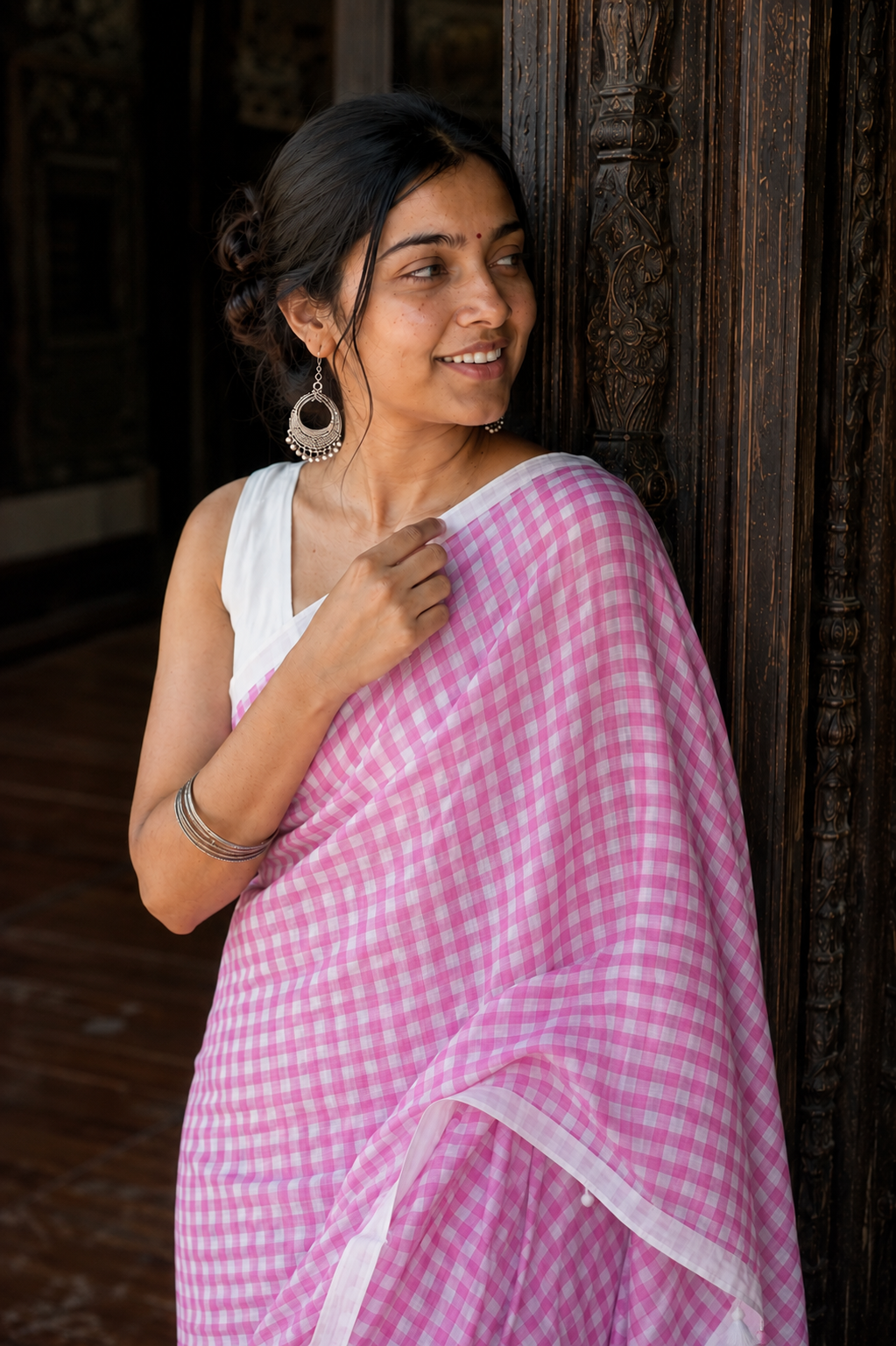 Mishri — Pink Gingham Check Mulmul Cotton Saree