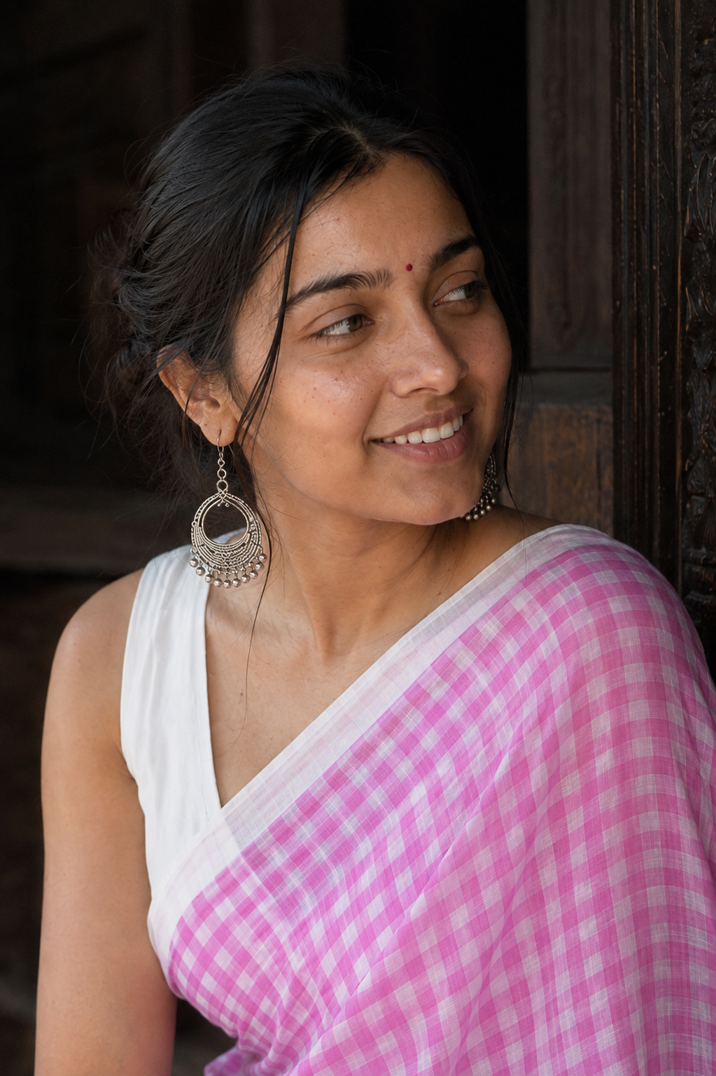 Mishri — Pink Gingham Check Mulmul Cotton Saree