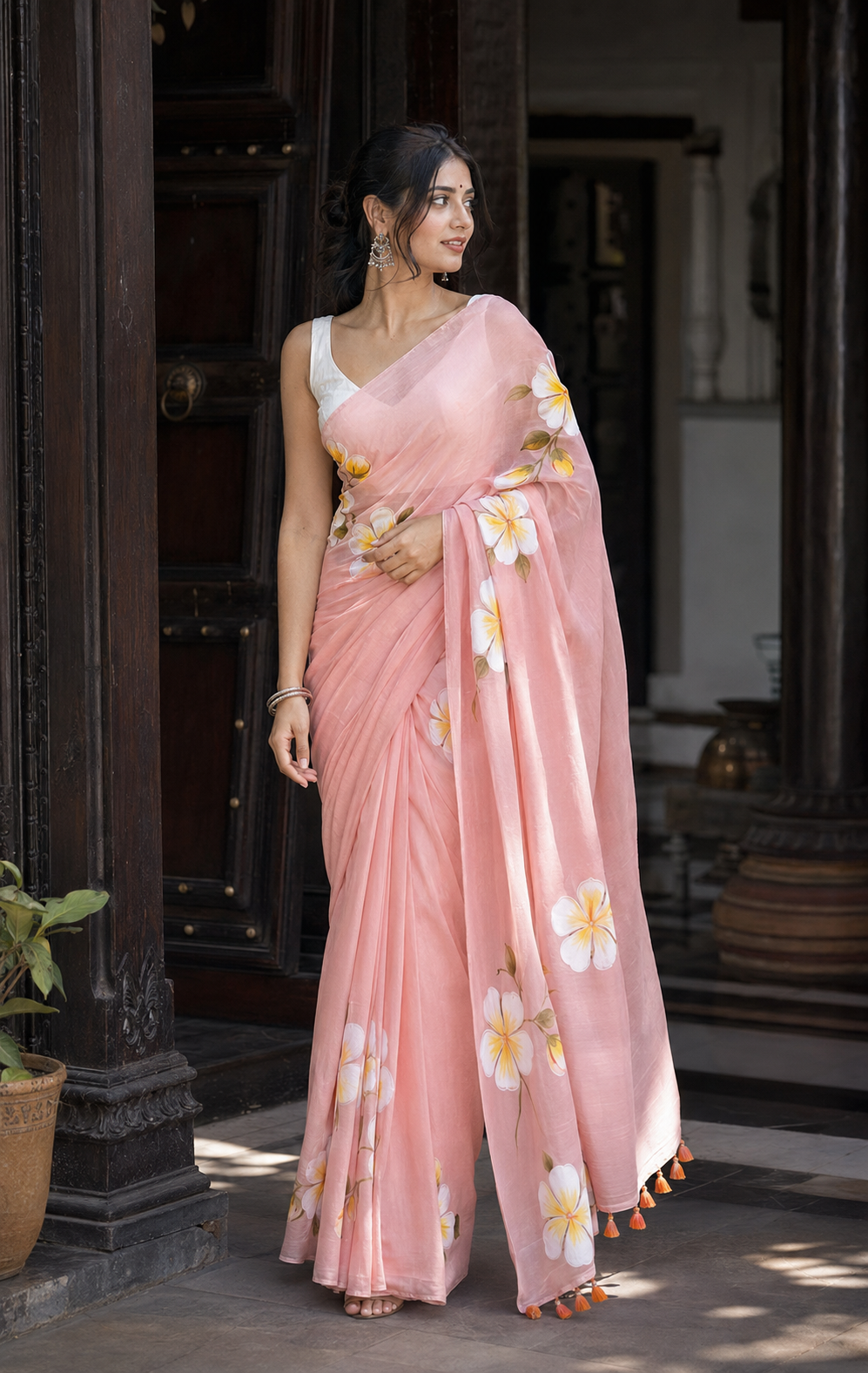 Ketaki — Peach Painted Frangipani Partywear Saree