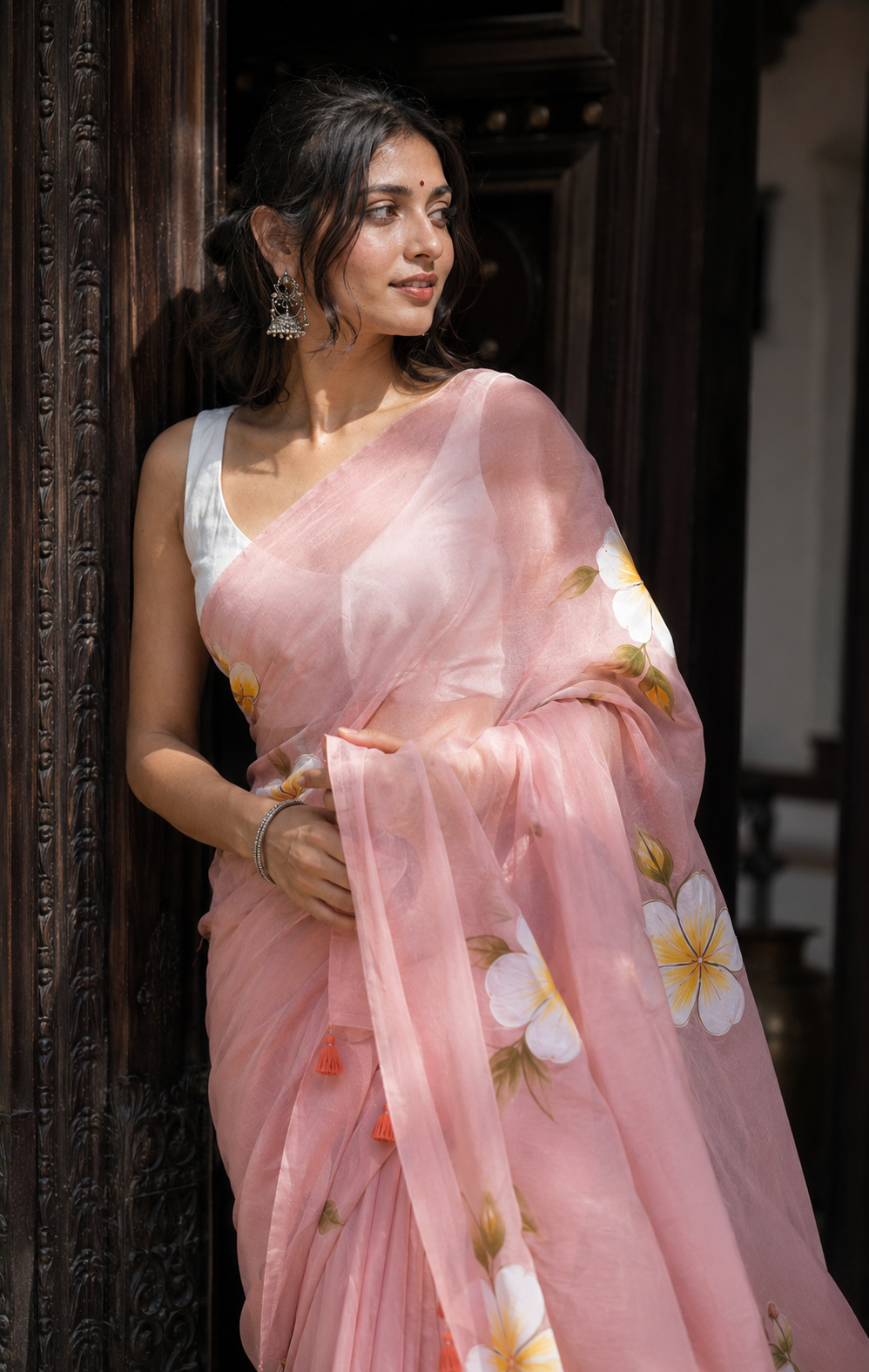 Ketaki — Peach Painted Frangipani Partywear Saree