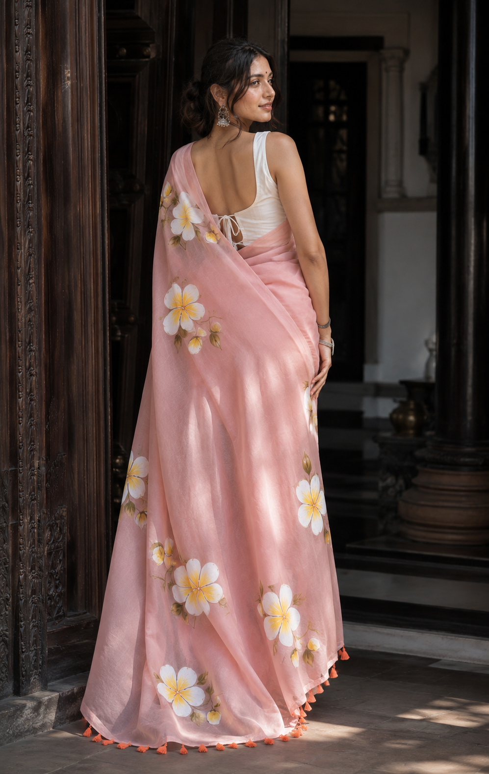 Ketaki — Peach Painted Frangipani Partywear Saree