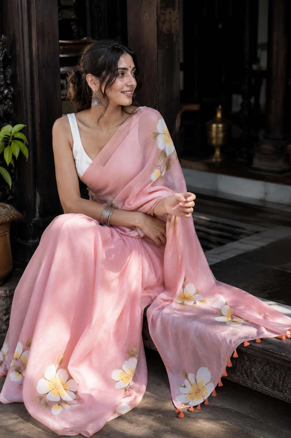 Ketaki — Peach Painted Frangipani Partywear Saree