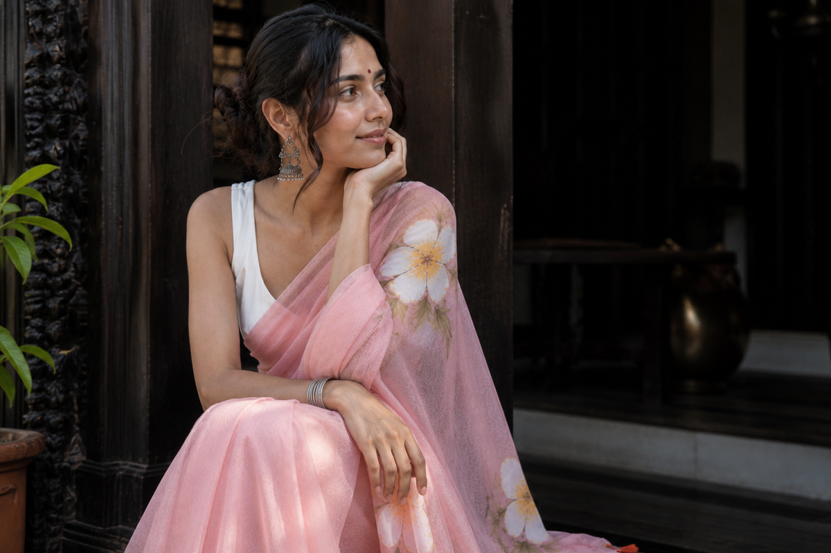 Ketaki — Peach Painted Frangipani Partywear Saree
