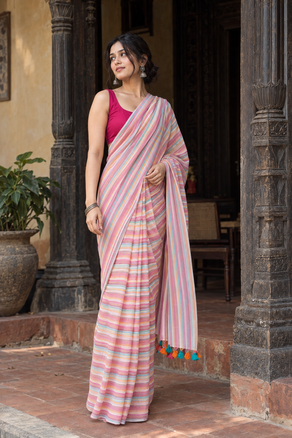 Malini — Multicolour Stripe Mul Cotton Handloom Saree