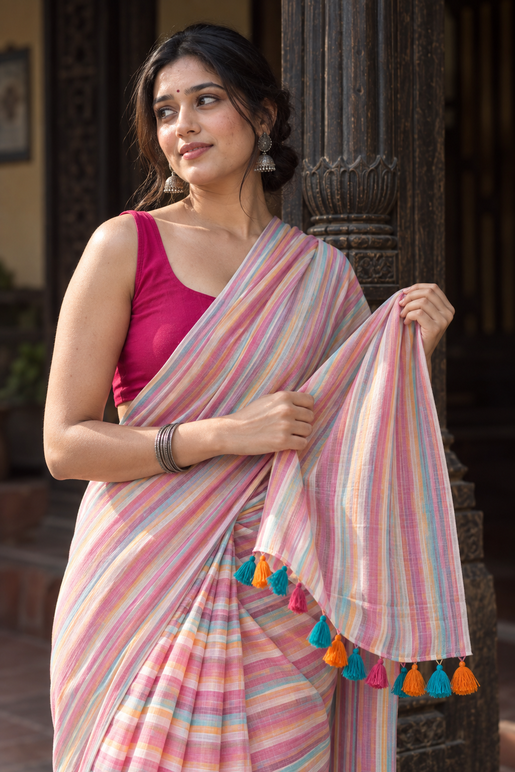 Malini — Multicolour Stripe Mul Cotton Handloom Saree