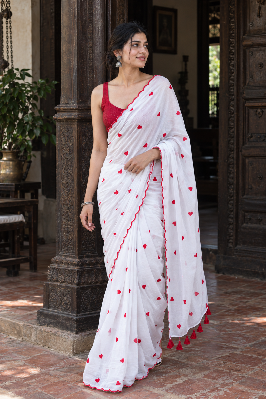 Priya — White Mul Cotton Saree with Red Embroidered Hearts