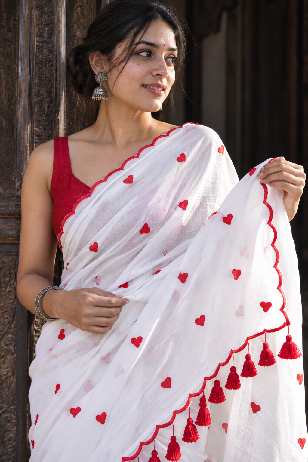 Priya — White Mul Cotton Saree with Red Embroidered Hearts