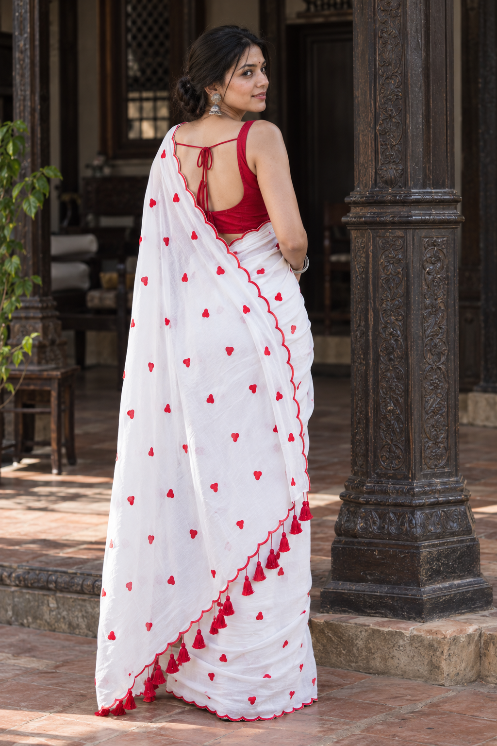 Priya — White Mul Cotton Saree with Red Embroidered Hearts