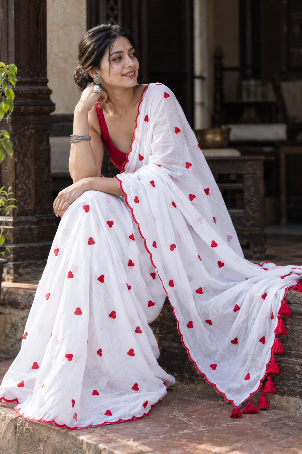 Priya — White Mul Cotton Saree with Red Embroidered Hearts
