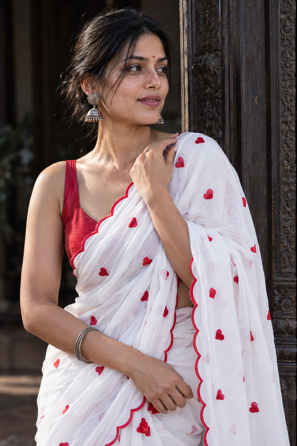 Priya — White Mul Cotton Saree with Red Embroidered Hearts