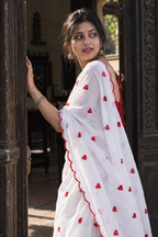 Priya — White Mul Cotton Saree with Red Embroidered Hearts