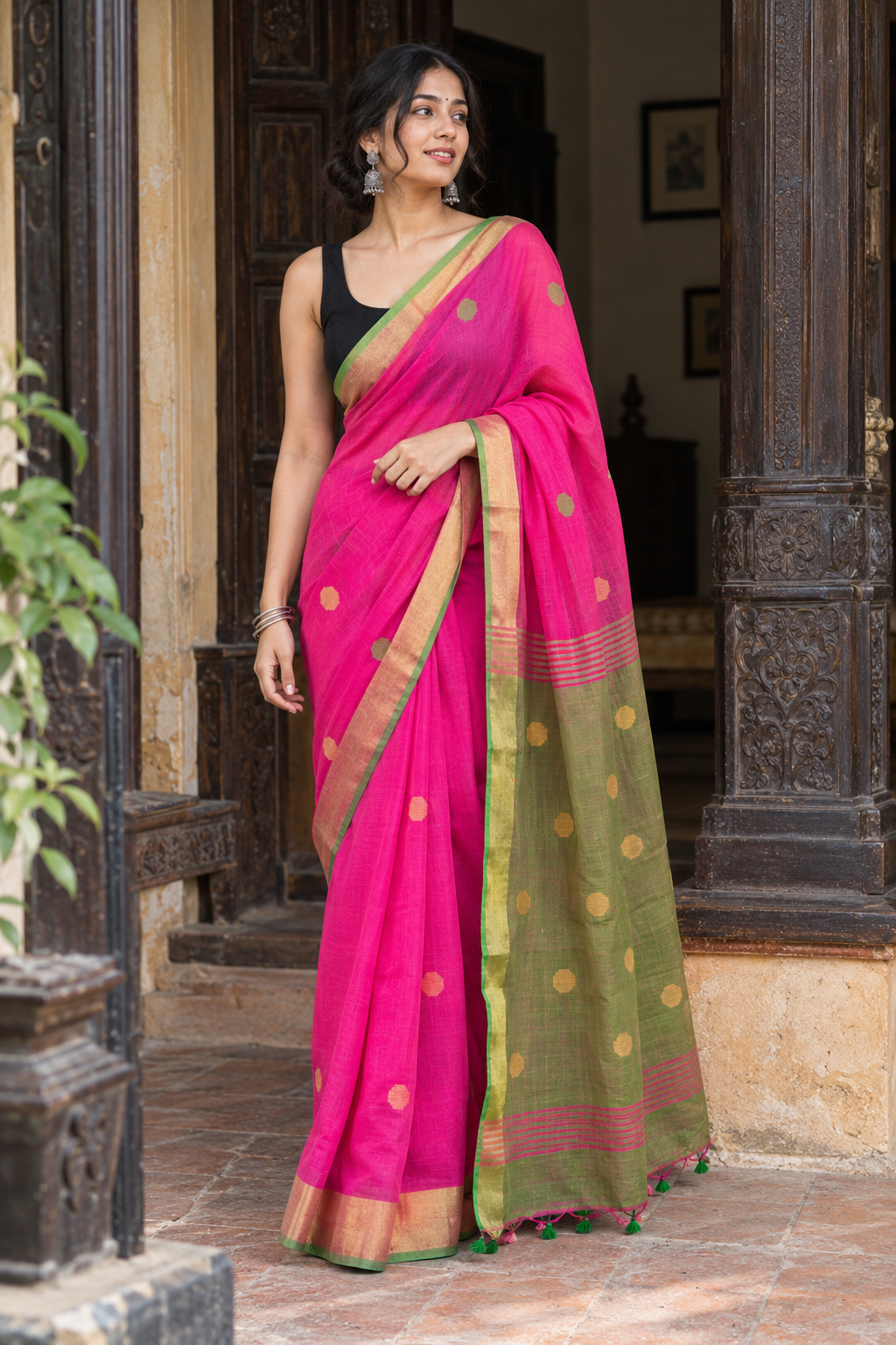 Saanjh — Rani-Pink Linen Saree with Contrast Green Woven Pallu