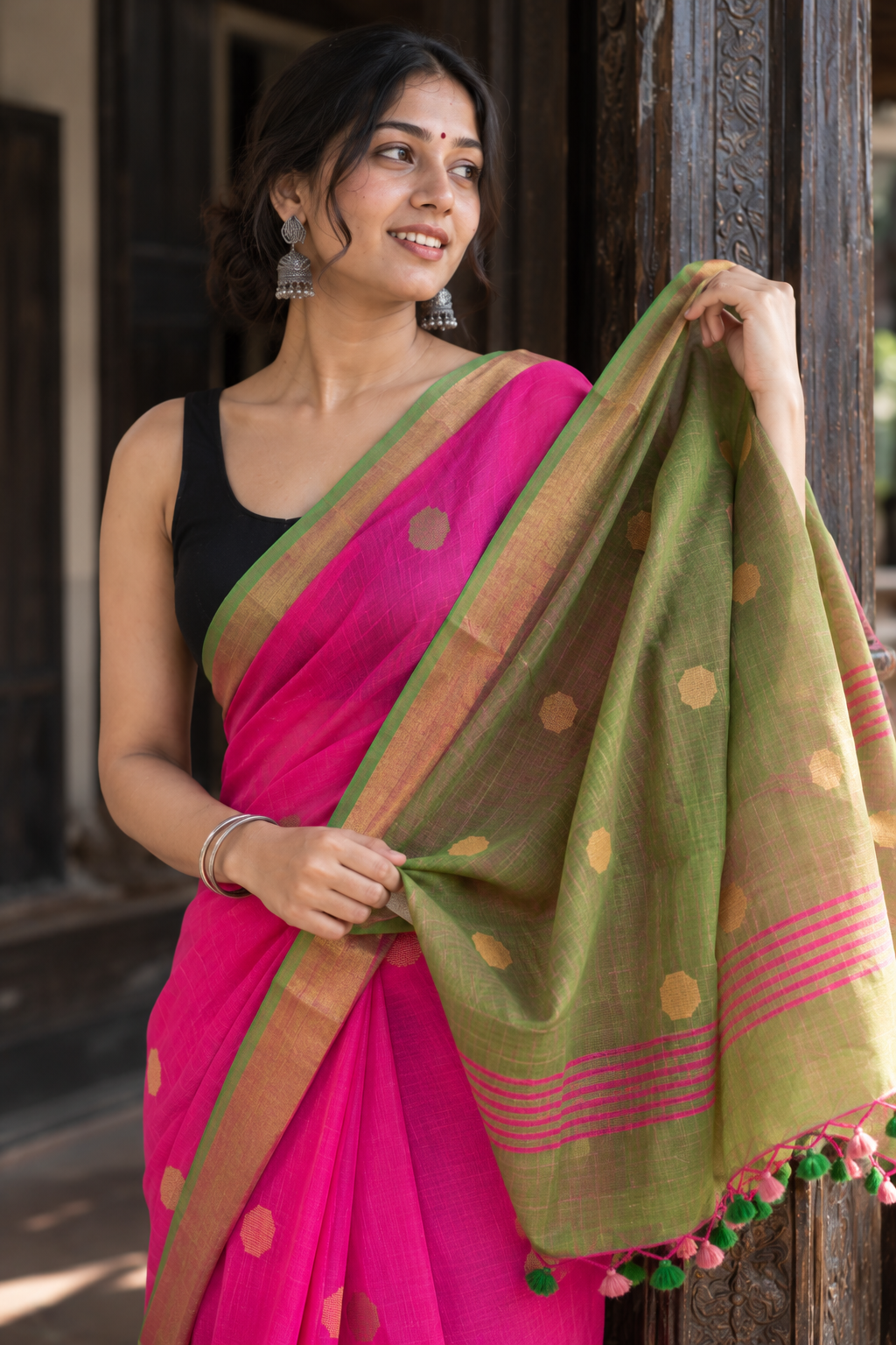 Saanjh — Rani-Pink Linen Saree with Contrast Green Woven Pallu