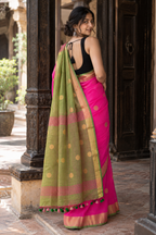 Saanjh — Rani-Pink Linen Saree with Contrast Green Woven Pallu