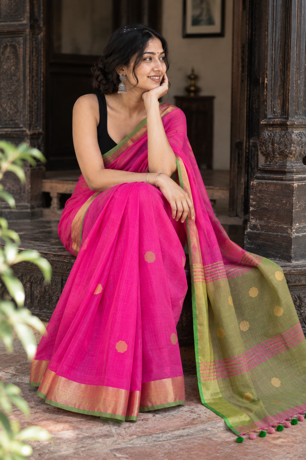 Saanjh — Rani-Pink Linen Saree with Contrast Green Woven Pallu