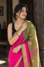 Saanjh — Rani-Pink Linen Saree with Contrast Green Woven Pallu