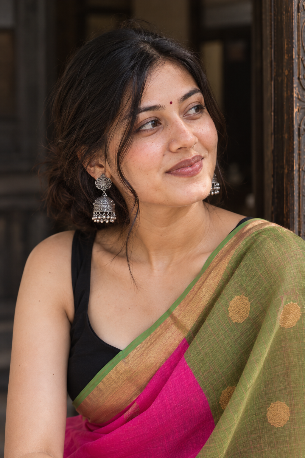 Saanjh — Rani-Pink Linen Saree with Contrast Green Woven Pallu