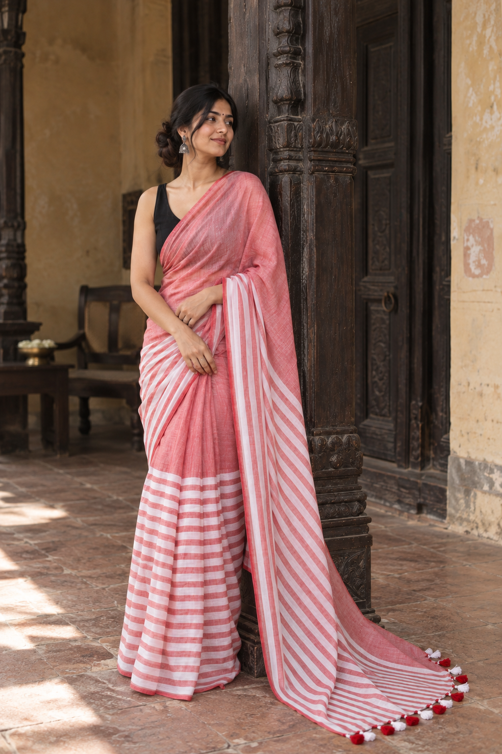 Beena — Dusty Coral Cotton Saree with White-and-Red Striped Pallu
