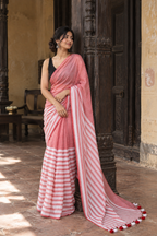 Beena — Dusty Coral Cotton Saree with White-and-Red Striped Pallu