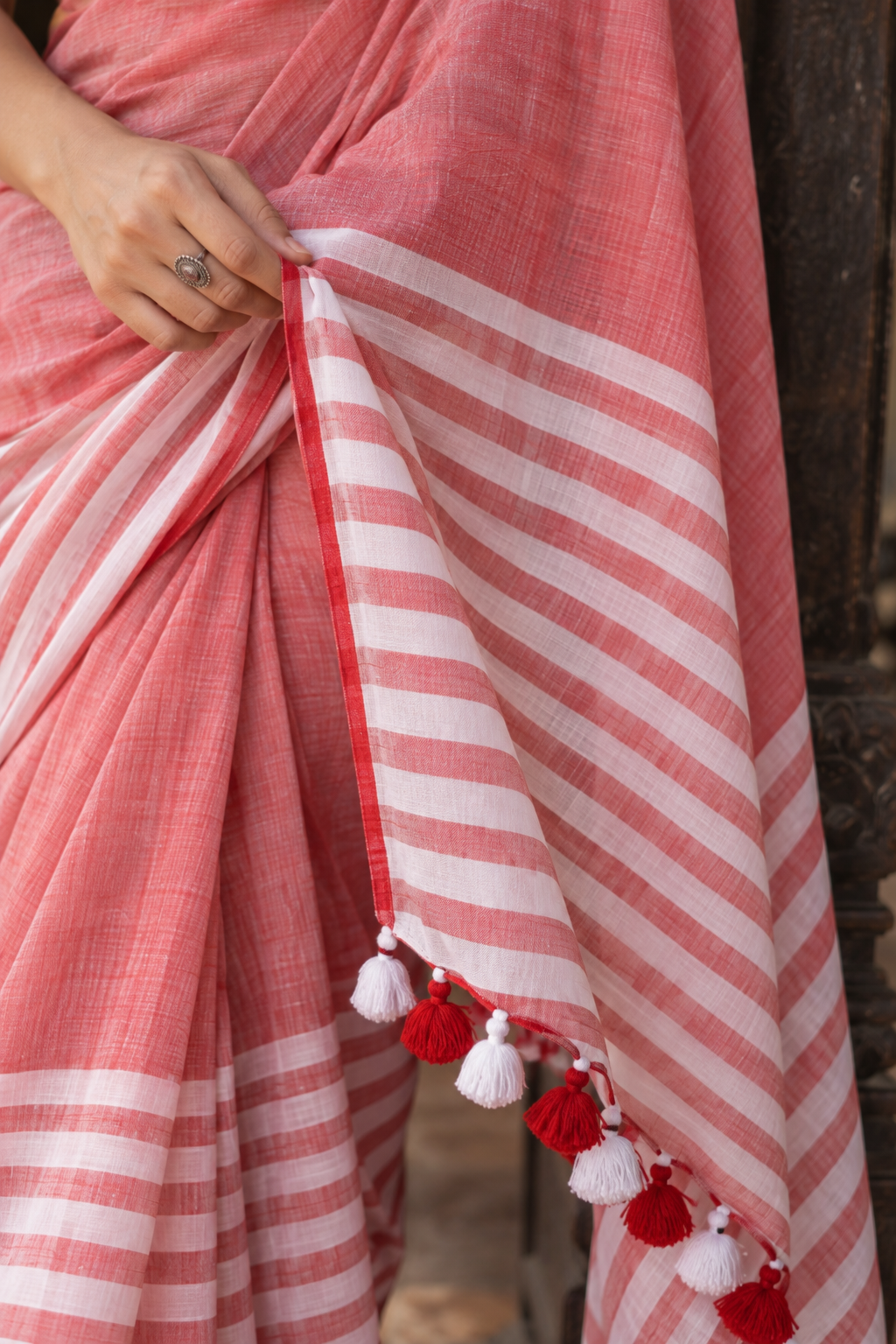 Beena — Dusty Coral Cotton Saree with White-and-Red Striped Pallu
