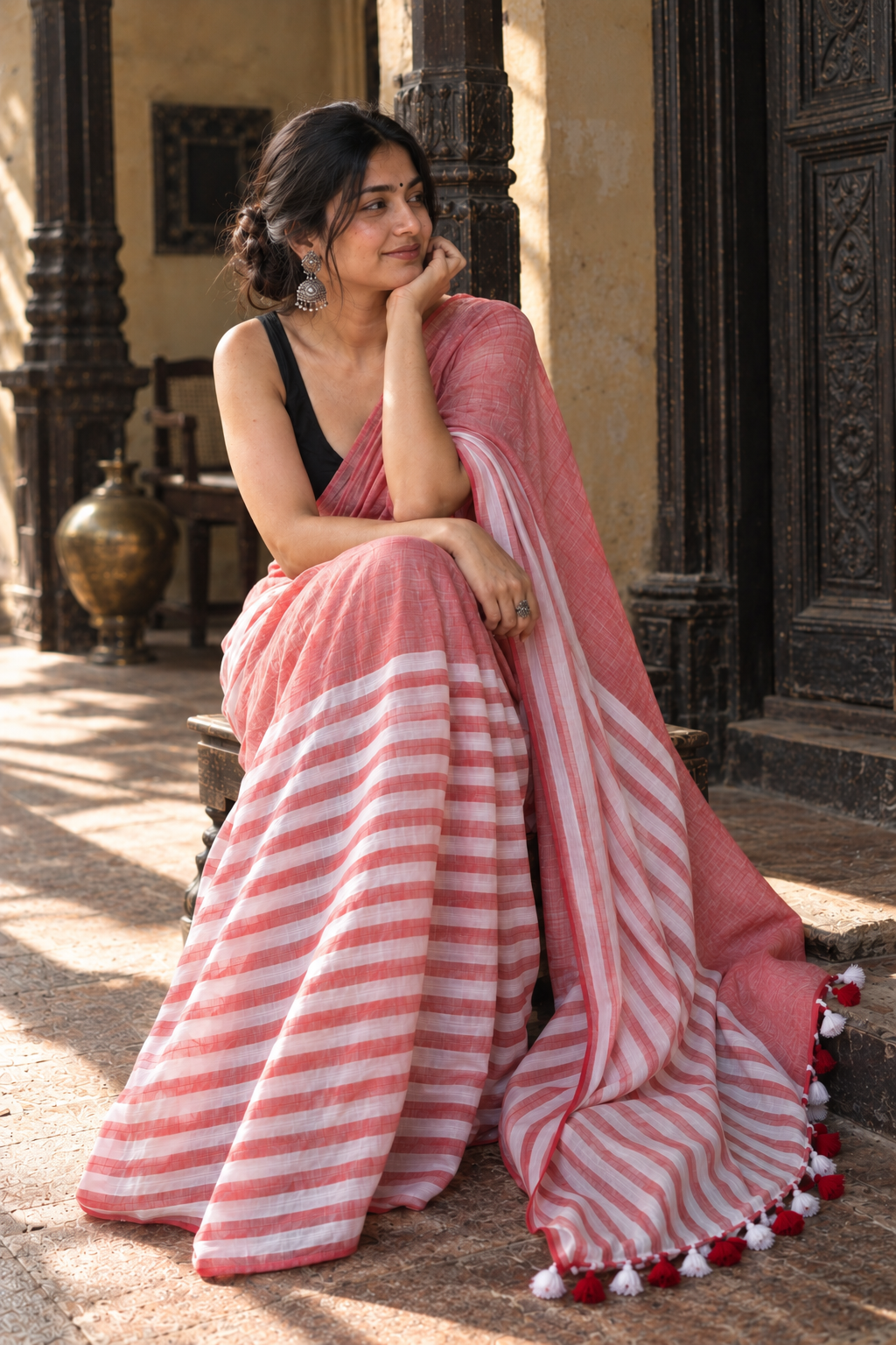 Beena — Dusty Coral Cotton Saree with White-and-Red Striped Pallu