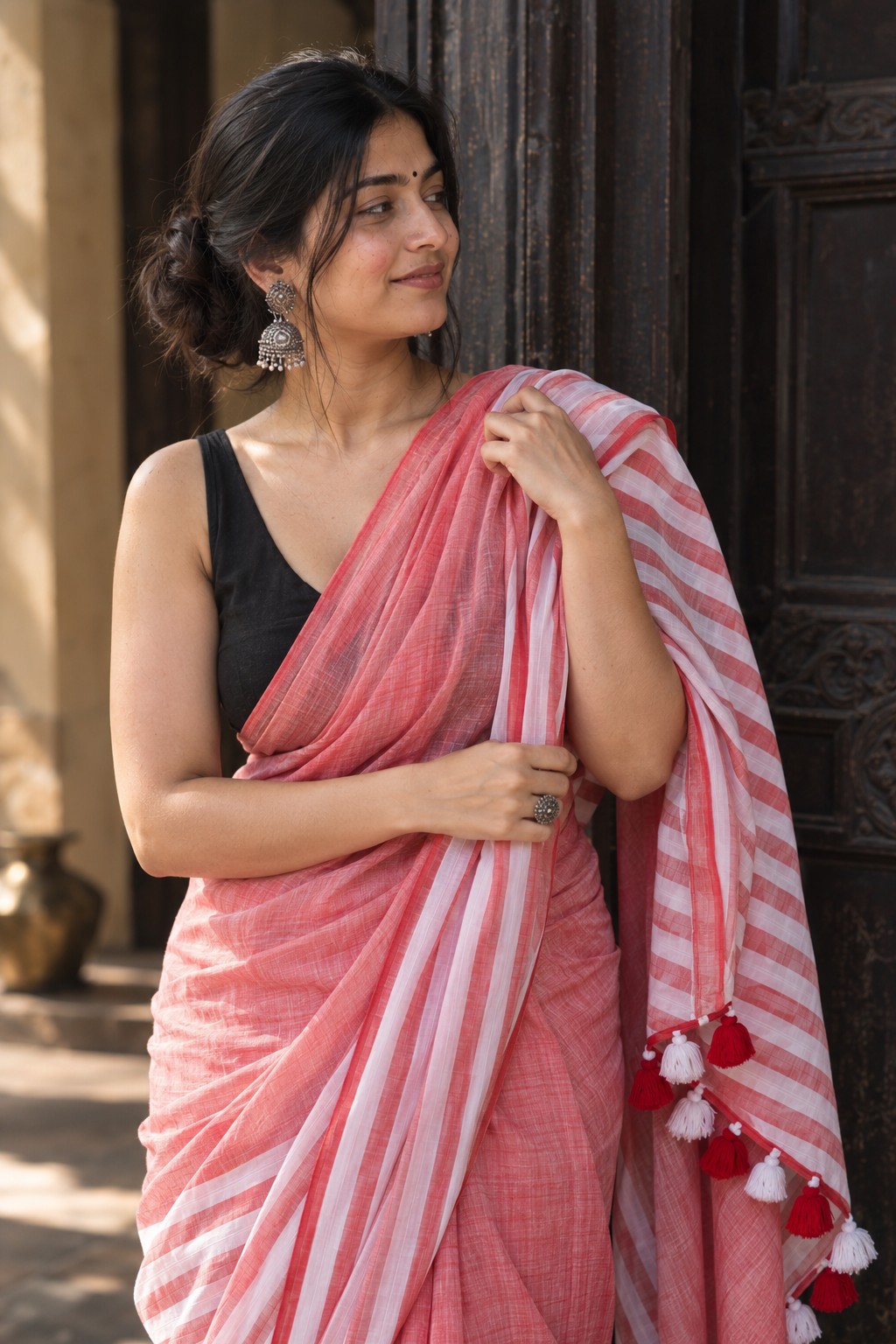 Beena — Dusty Coral Cotton Saree with White-and-Red Striped Pallu