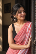 Beena — Dusty Coral Cotton Saree with White-and-Red Striped Pallu